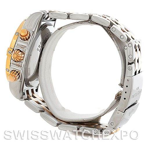 The Breitling Chronomat C13356 Men's Steel and Gold (two tone) White Dial C13356 Men's Steel and Gold (two tone) White Dial watch is shown from the side, highlighting the crown, pushers, and part of the bracelet.