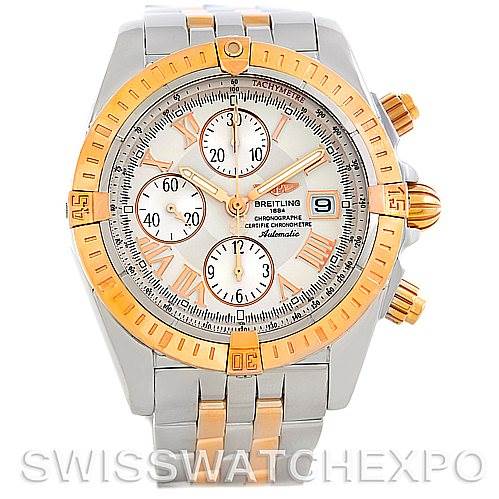 The image shows a front view of the Breitling Chronomat C13356 Men's Steel and Gold (two tone) White Dial C13356 Men's Steel and Gold (two tone) White Dial watch, highlighting its dial, bezel, subdials, and chronograph pushers.