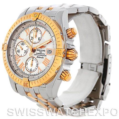 The Breitling Chronomat C13356 Men's Steel and Gold (two tone) White Dial C13356 Men's Steel and Gold (two tone) White Dial watch is shown at a three-quarter angle, displaying its dial, bezel, chronograph pushers, and part of the bracelet.