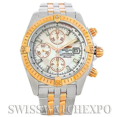 The image shows a front view of a Breitling Chronomat C13356 Men's Steel and Gold (two tone) Mother of Pearl Dial C13356 Men's Steel and Gold (two tone) Mother of Pearl Dial watch, highlighting its dial, bezel, chronograph sub-dials, and two-tone bracelet.