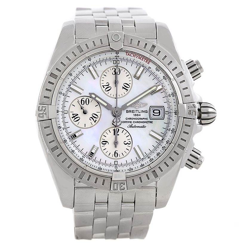 The image shows the front view of a Breitling Chronomat A13356 Men's Stainless Steel Mother of Pearl Dial A13356 Men's Stainless Steel Mother of Pearl Dial watch, including the dial, bezel, sub-dials, date display, and bracelet.