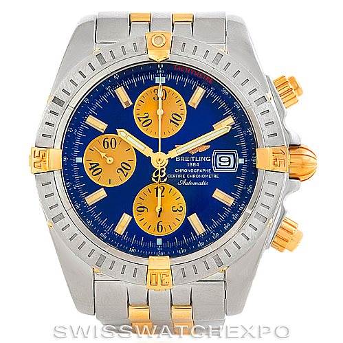 The image shows a front view of the Breitling Chronomat B13356 Men
s Steel and Gold (two tone) Blue Dial B13356 Men
s Steel and Gold (two tone) Blue Dial watch, displaying its face, bezel, and part of the bracelet.