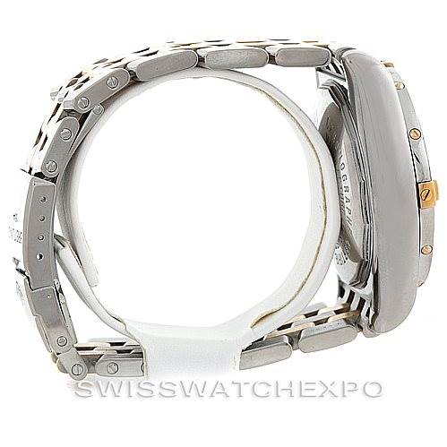 The image shows the side view of a Breitling Chronomat B13356 Men
s Steel and Gold (two tone) Blue Dial B13356 Men
s Steel and Gold (two tone) Blue Dial watch, highlighting its case thickness and bracelet design.