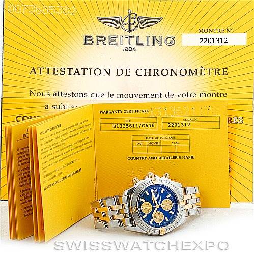 The image shows a Breitling Chronomat B13356 Men
s Steel and Gold (two tone) Blue Dial B13356 Men
s Steel and Gold (two tone) Blue Dial watch with its warranty certificate and documentation displayed at a frontal angle.