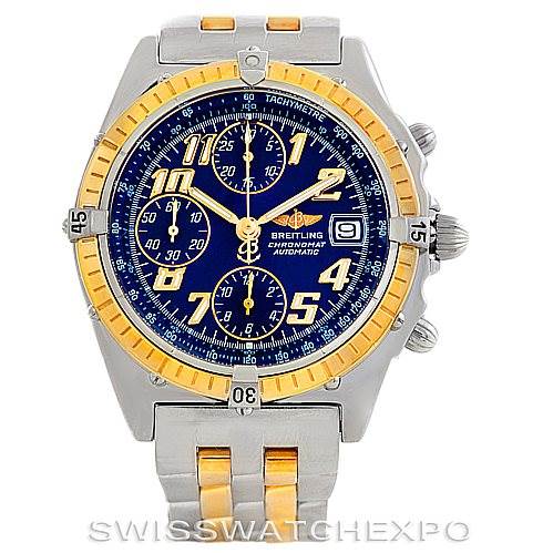 The image shows a front view of the Breitling Chronomat D13050 Men's Stainless Steel Blue Dial D13050 Men's Stainless Steel Blue Dial model watch, highlighting the dial, bezel, crown, and part of the bracelet.