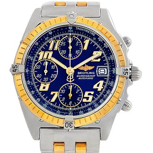 The image shows a front view of the Breitling Chronomat D13050 Men's Stainless Steel Blue Dial D13050 Men's Stainless Steel Blue Dial watch, highlighting the dial, bezel, subdials, and date window.