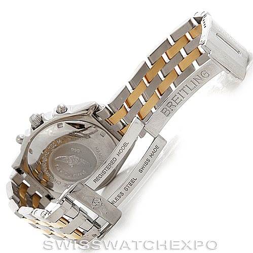 The image shows the back and bracelet of a Breitling Chronomat D13050 Men's Stainless Steel Blue Dial D13050 Men's Stainless Steel Blue Dial watch, emphasizing its clasp and intricate detailing.