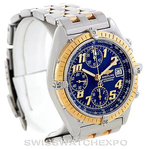 This image shows a Breitling Chronomat D13050 Men's Stainless Steel Blue Dial D13050 Men's Stainless Steel Blue Dial watch at a front angle, highlighting the blue dial, chronograph subdials, and two-tone bracelet.