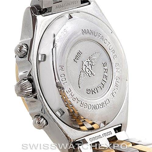 The image shows the back case of a Breitling Chronomat D13050 Men's Stainless Steel Blue Dial D13050 Men's Stainless Steel Blue Dial watch, highlighting the crown and chronograph buttons.