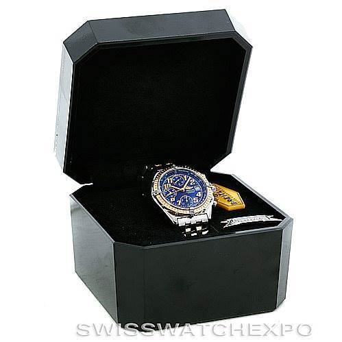 The Breitling Chronomat D13050 Men's Stainless Steel Blue Dial D13050 Men's Stainless Steel Blue Dial watch is shown at a front angle, with the timepiece, band, and tag visible inside a black presentation box.