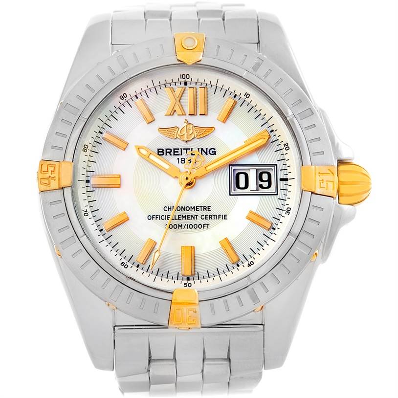 The Breitling Chronomat B49350 Men's Stainless Steel Mother of Pearl Dial B49350 Men's Stainless Steel Mother of Pearl Dial watch is shown from a top-down angle, featuring its bezel, crown, dial, hands, bracelet, and date window.