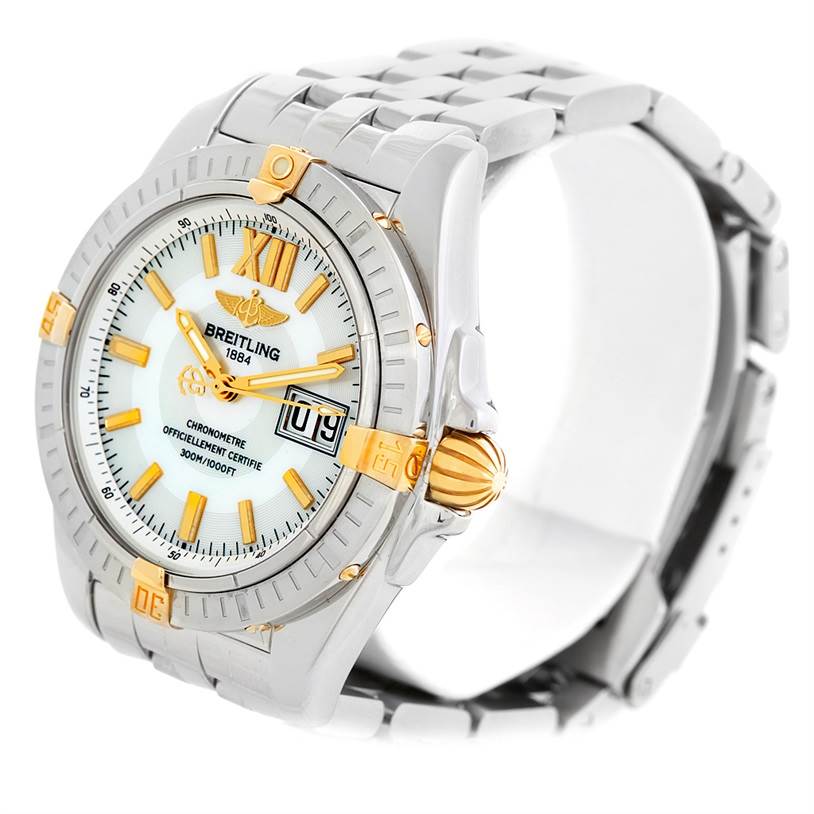 The Breitling Chronomat B49350 Men's Stainless Steel Mother of Pearl Dial B49350 Men's Stainless Steel Mother of Pearl Dial watch is shown at a three-quarter angle, highlighting the face, bezel, crown, and bracelet.