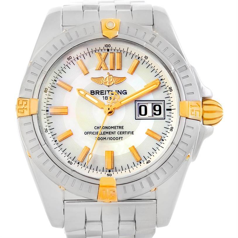 The image shows a front view of a Breitling Chronomat B49350 Men's Stainless Steel Mother of Pearl Dial B49350 Men's Stainless Steel Mother of Pearl Dial watch, highlighting its face, bezel, and bracelet.
