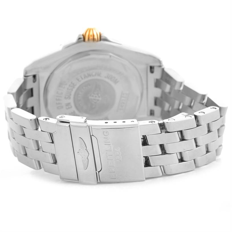 The image shows the back angle of a Breitling Chronomat B49350 Men's Stainless Steel Mother of Pearl Dial B49350 Men's Stainless Steel Mother of Pearl Dial watch, highlighting its clasp and bracelet.