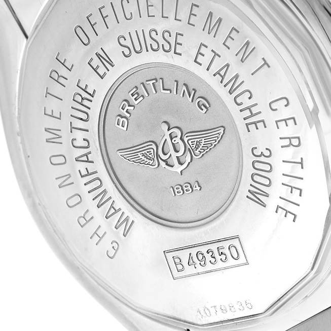 The image shows the back case of a Breitling Chronomat B49350 Men's Stainless Steel Mother of Pearl Dial B49350 Men's Stainless Steel Mother of Pearl Dial watch at a slightly angled, close-up view.