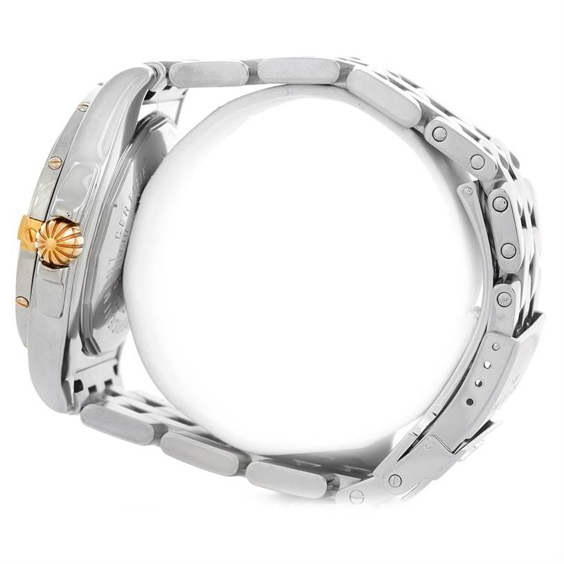 The image shows a side view of the Breitling Chronomat B49350 Men's Stainless Steel Mother of Pearl Dial B49350 Men's Stainless Steel Mother of Pearl Dial watch, highlighting its stainless steel bracelet and gold crown.