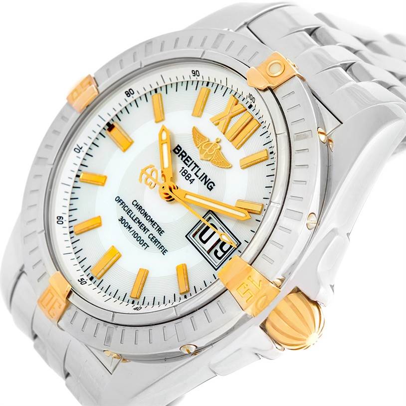 The image shows a close-up, angled view of the face and bracelet of a Breitling Chronomat B49350 Men's Stainless Steel Mother of Pearl Dial B49350 Men's Stainless Steel Mother of Pearl Dial watch.