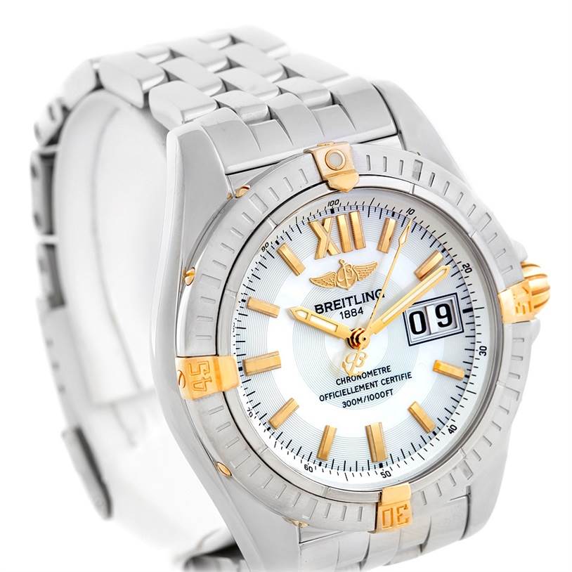 The image shows a tilted side view of a Breitling Chronomat B49350 Men's Stainless Steel Mother of Pearl Dial B49350 Men's Stainless Steel Mother of Pearl Dial watch, highlighting its bezel, dial, and part of its bracelet.