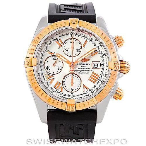 The Breitling Chronomat C13356 Men's Steel and Gold (two tone) Silver Dial C13356 Men's Steel and Gold (two tone) Silver Dial watch is shown from the front, displaying its dial, chronograph subdials, date window, and bezel.