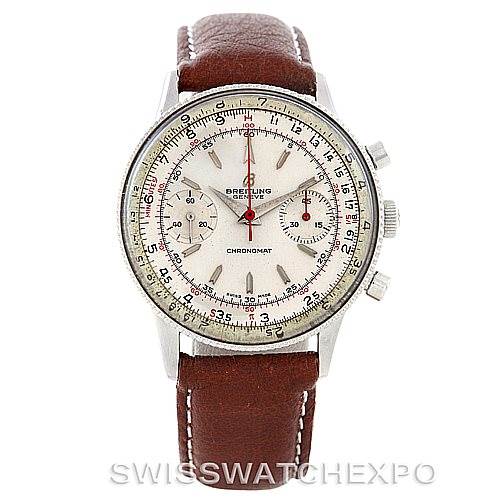 This image shows a front view of the Breitling Chronomat 808 Men's Stainless Steel Silver Dial 808 Men's Stainless Steel Silver Dial watch with a brown leather strap.