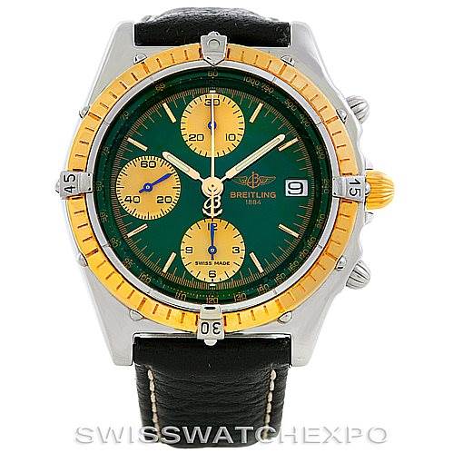 This image shows a front view of the Breitling Chronomat D13048 Men's Steel and Gold (two tone) Green Dial D13048 Men's Steel and Gold (two tone) Green Dial watch, highlighting its green dial, yellow bezel, and black leather strap.