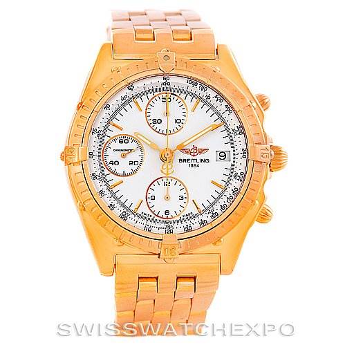 The image shows a Breitling Chronomat H13047 Men
s Rose Gold White Dial H13047 Men
s Rose Gold White Dial watch with a gold bracelet, face, and bezel, photographed from the front.