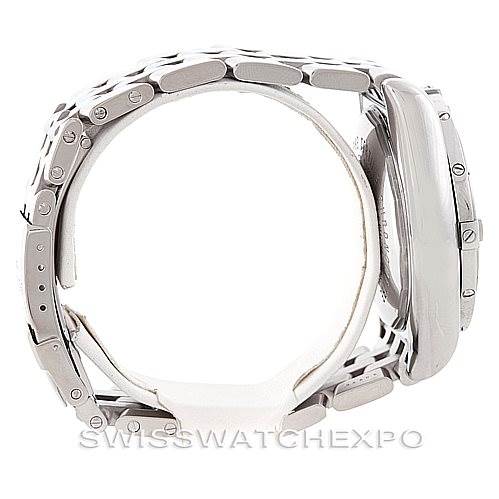 This side view of the Breitling Chronomat A13356 Men
s Stainless Steel Black Dial A13356 Men
s Stainless Steel Black Dial watch showcases the full metal bracelet and case.