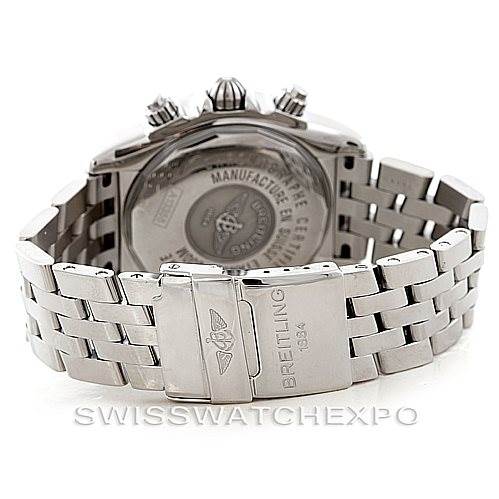 The image shows the back view of the Breitling Chronomat A13356 Men
s Stainless Steel Black Dial A13356 Men
s Stainless Steel Black Dial watch, focusing on the clasp, bracelet, and case back.