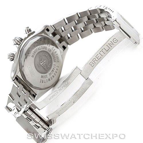 The image shows the back and open clasp of the Breitling Chronomat A13356 Men
s Stainless Steel Black Dial A13356 Men
s Stainless Steel Black Dial watch, highlighting the engraved brand and model details.
