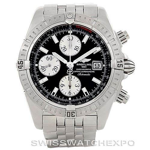 The image shows the Breitling Chronomat A13356 Men
s Stainless Steel Black Dial A13356 Men
s Stainless Steel Black Dial watch from a front angle, displaying its face, bezel, and part of its bracelet.