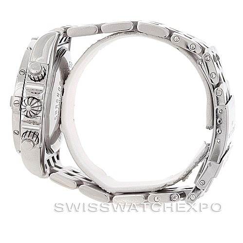 The image shows a side view of a Breitling Chronomat A13356 Men
s Stainless Steel Black Dial A13356 Men
s Stainless Steel Black Dial watch highlighting the bracelet, crown, and pushers.