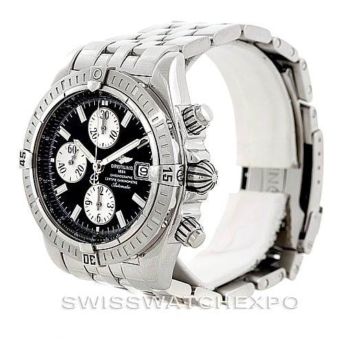 This image shows a Breitling Chronomat A13356 Men
s Stainless Steel Black Dial A13356 Men
s Stainless Steel Black Dial watch from an oblique angle, displaying the dial, bezel, crown, pushers, and bracelet.