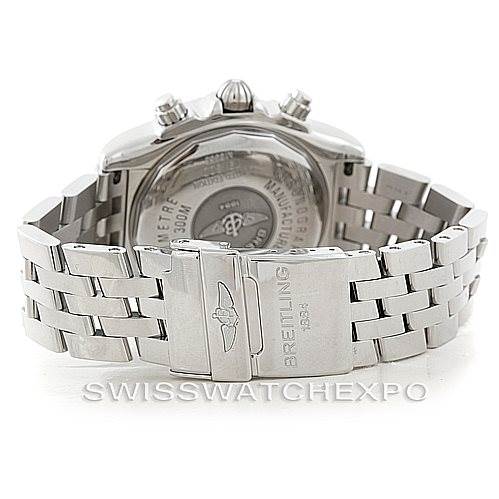 The image shows the back and clasp of a Breitling Chronomat A13356 Men's Stainless Steel Silver Dial A13356 Men's Stainless Steel Silver Dial watch, highlighting its stainless steel bracelet and case back.