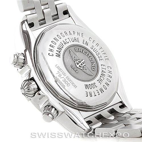 This image shows the back case and part of the bracelet of a Breitling Chronomat A13356 Men's Stainless Steel Silver Dial A13356 Men's Stainless Steel Silver Dial watch, including the engraved details and limited edition number.