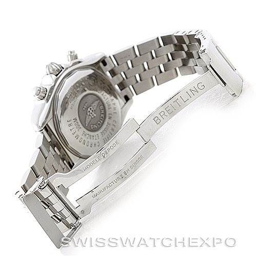 The image shows the back and partially opened clasp of the Breitling Chronomat A13356 Men's Stainless Steel Silver Dial A13356 Men's Stainless Steel Silver Dial watch, highlighting the bracelet and case back details.
