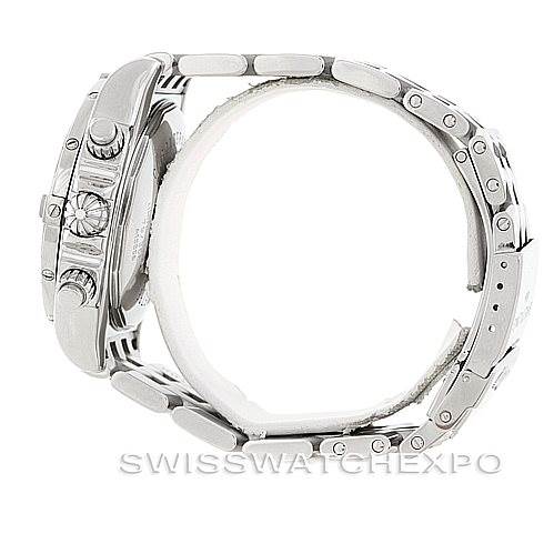 The image shows the Breitling Chronomat A13356 Men's Stainless Steel Silver Dial A13356 Men's Stainless Steel Silver Dial watch from a side angle, highlighting the crown, pushers, and part of the metal bracelet.