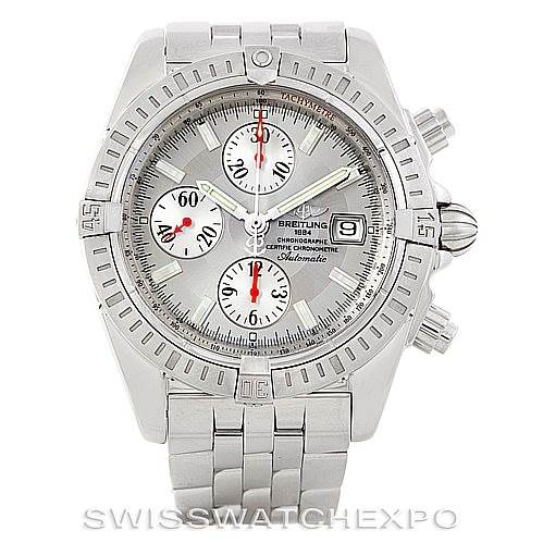 This image shows a Breitling Chronomat A13356 Men's Stainless Steel Silver Dial A13356 Men's Stainless Steel Silver Dial model watch from a front angle, highlighting its silver dial, subdials, bezel, and metal bracelet.