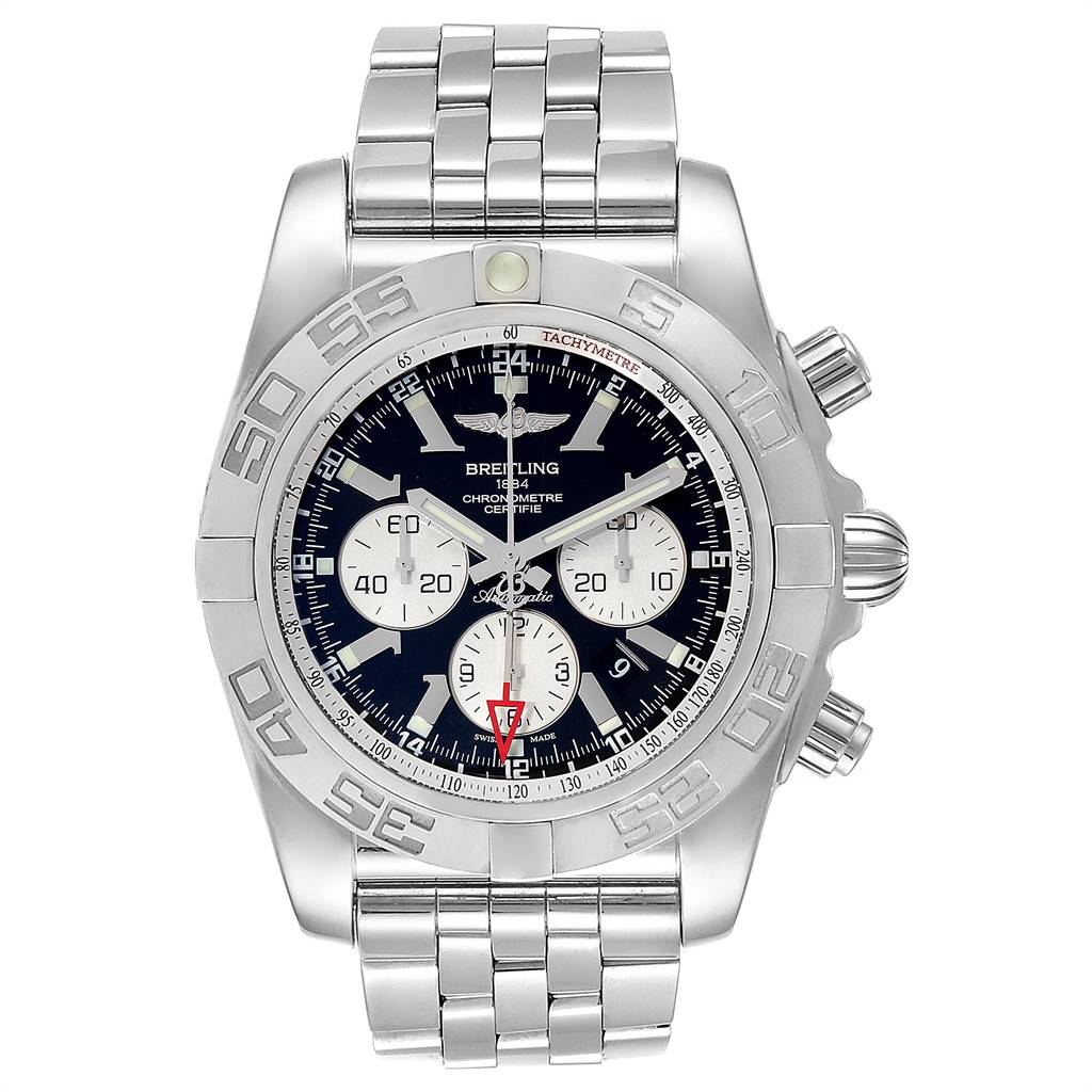 This image shows a front view of a Breitling Chronomat AB0410 Men's Stainless Steel Black Dial AB0410 Men's Stainless Steel Black Dial watch, highlighting its bracelet, bezel, crown, and chronograph sub-dials.