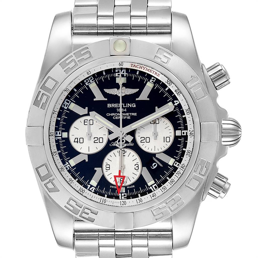 This image shows a front view of a Breitling Chronomat AB0410 Men's Stainless Steel Black Dial AB0410 Men's Stainless Steel Black Dial watch, highlighting its dial, bezel, and bracelet.
