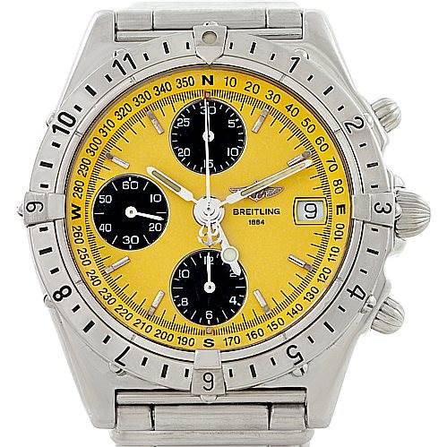 This image shows a top view of the Breitling Chronomat watch, featuring its dial, bezel, subdials, and crown.