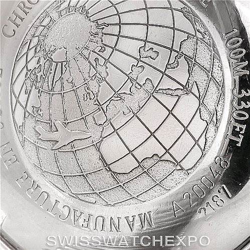 The image shows the case back of the Breitling Chronomat A20048 Men's Stainless Steel Yellow Dial A20048 Men's Stainless Steel Yellow Dial watch engraved with a globe design and text.
