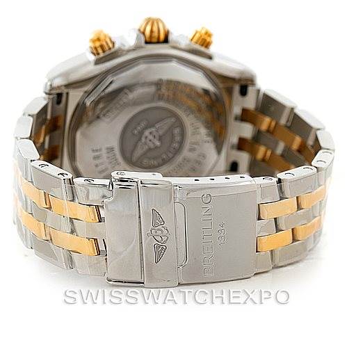 This image shows the back of a Breitling Chronomat B13356 Men's Steel and Gold (two tone) Silver Dial B13356 Men's Steel and Gold (two tone) Silver Dial watch, highlighting its clasp and bracelet with a mix of silver and gold tones.