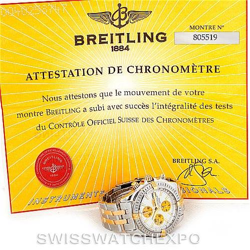 The image shows a Breitling Chronomat B13356 Men's Steel and Gold (two tone) Silver Dial B13356 Men's Steel and Gold (two tone) Silver Dial watch placed in front of its chronometer certificate, viewed from the front.