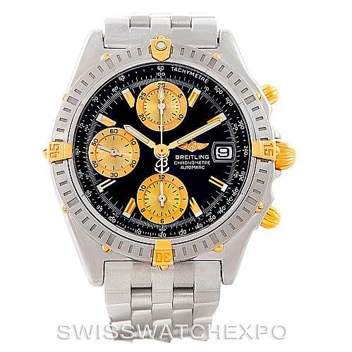This image shows a frontal view of a Breitling Chronomat B13352 Men
s Steel and Gold (two tone) Black Dial B13352 Men
s Steel and Gold (two tone) Black Dial watch, showcasing its dial, bezel, and bracelet.