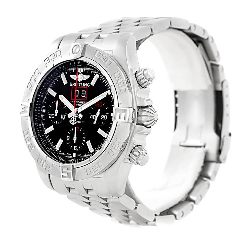 This image shows a Breitling Chronomat A44360 Men's Stainless Steel Black Dial A44360 Men's Stainless Steel Black Dial watch angled from the front-left, highlighting the bezel, crown, dial, and stainless steel bracelet.