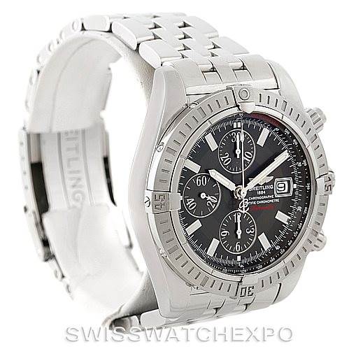 The image shows a Breitling Chronomat A13356 Men
s Stainless Steel Grey Dial A13356 Men
s Stainless Steel Grey Dial watch angled to display the face, bezel, and part of the bracelet.