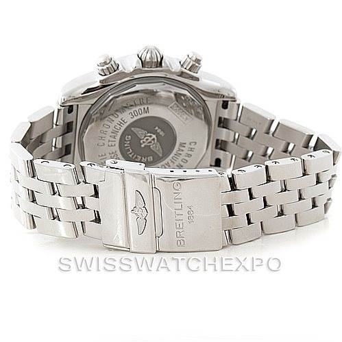 The image shows the back view of a Breitling Chronomat A13356 Men
s Stainless Steel Grey Dial A13356 Men
s Stainless Steel Grey Dial watch, highlighting the case back and stainless steel bracelet.