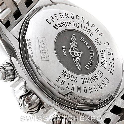 The image shows the case back and part of the stainless steel bracelet of a Breitling Chronomat A13356 Men
s Stainless Steel Grey Dial A13356 Men
s Stainless Steel Grey Dial watch, highlighting its engraved details.