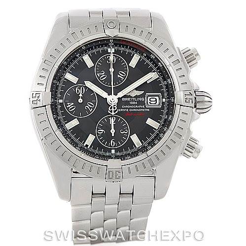 The image shows a front view of a Breitling Chronomat A13356 Men
s Stainless Steel Grey Dial A13356 Men
s Stainless Steel Grey Dial watch, displaying its bezel, chronograph subdials, crown, and bracelet.