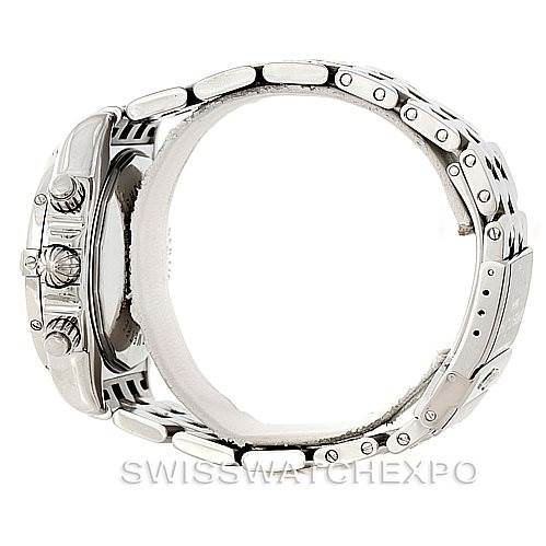 This image shows a side view of the Breitling Chronomat A13356 Men
s Stainless Steel Grey Dial A13356 Men
s Stainless Steel Grey Dial watch, highlighting the crown, pushers, and part of the stainless steel bracelet.